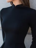 Black Minimalist Long-Sleeve Flared Midi Evening Dress