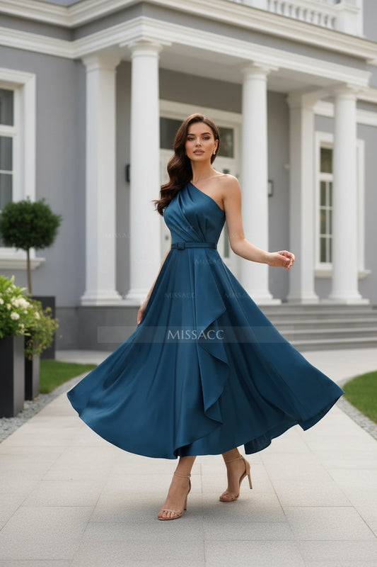 A-Line One-Shoulder Sleeveless Ankle-Length Crepe Satin Mother Of The Bride Dresses