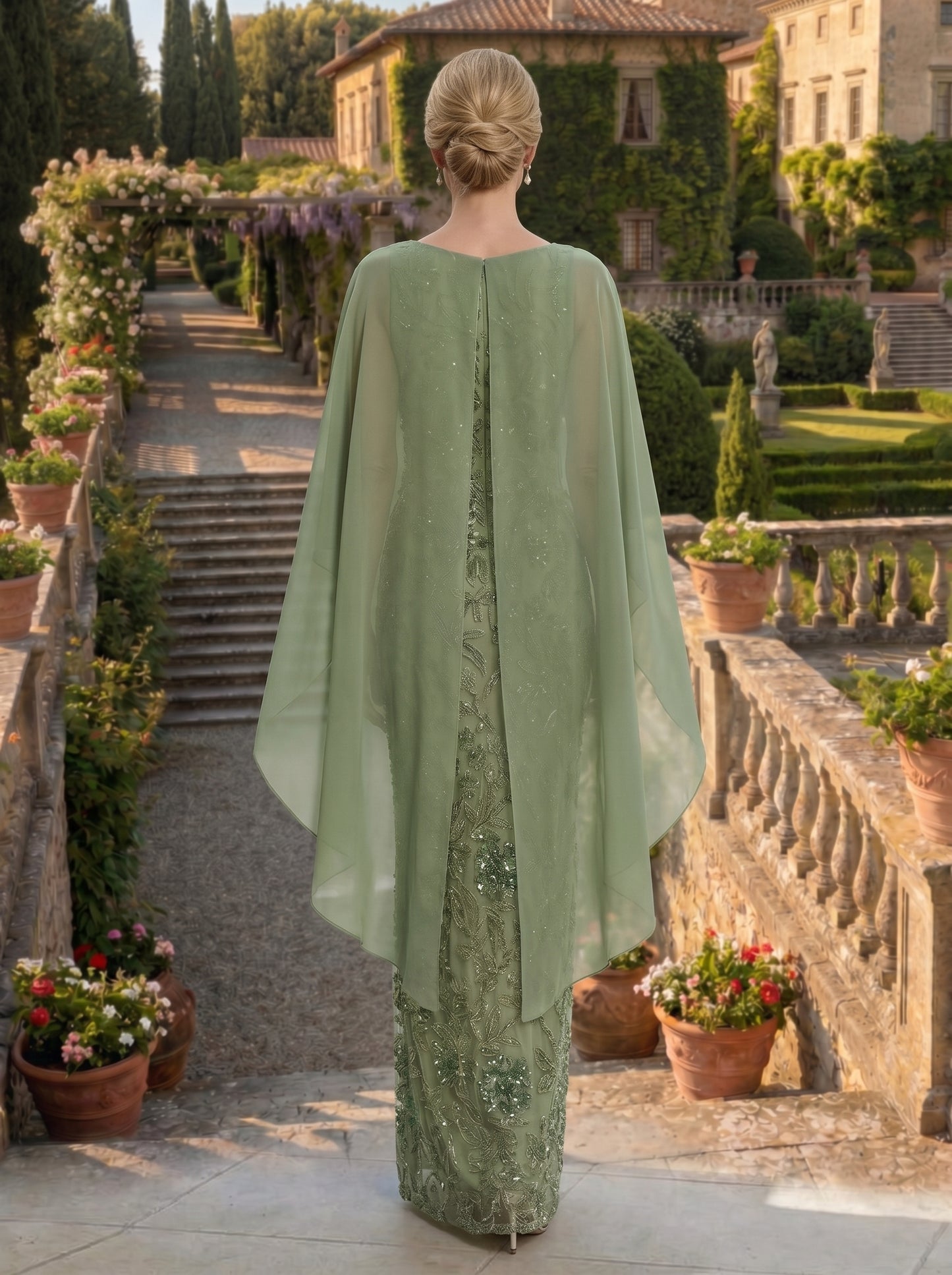 Sheath 3D Floral Embellished Lace Floor-Length Mother of the Bride with Chiffon Capelet Sleeves
