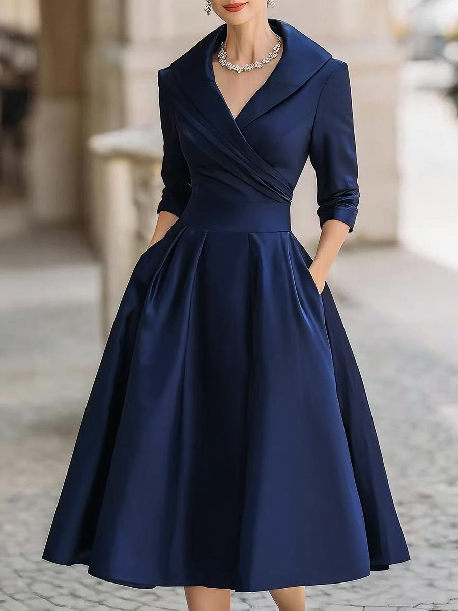 V-Neck Vintage-Inspired Satin A-Line Midi Dress With Draped Collar