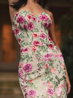 Beige Strapless Bustier Floral Embroidered Mermaid Evening Dress