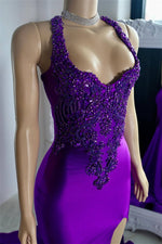 Purple Halter Sleeveless Mermaid Prom Dresses Split With Beadings Lace-up Back