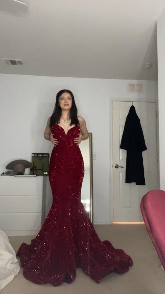 Sexy Red Sparkle Sequins Mermaid Sweetheart Sleeveless Prom Dress Floor-Lenght