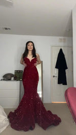 Sexy Red Sparkle Sequins Mermaid Sweetheart Sleeveless Prom Dress Floor-Lenght