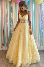 Charming Yellow V-Neck Lace-Up Back Formal Prom Dress