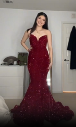 Sexy Red Sparkle Sequins Mermaid Sweetheart Sleeveless Prom Dress Floor-Lenght