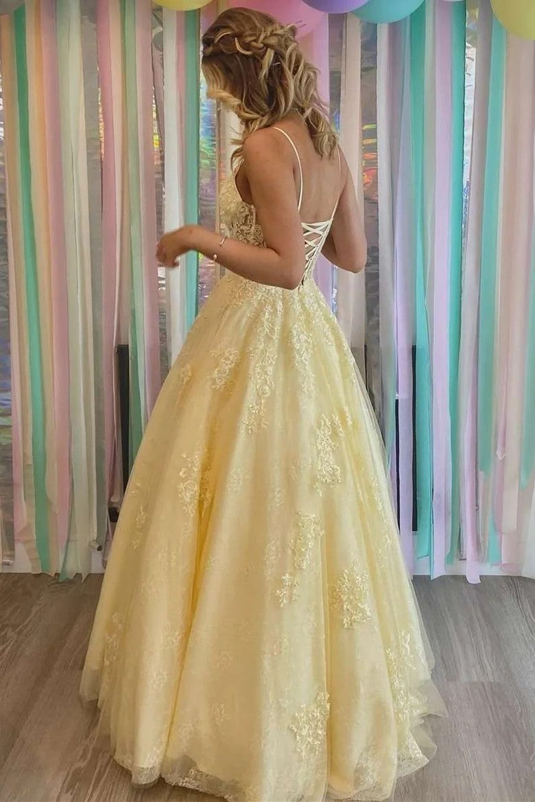 Charming Yellow V-Neck Lace-Up Back Formal Prom Dress