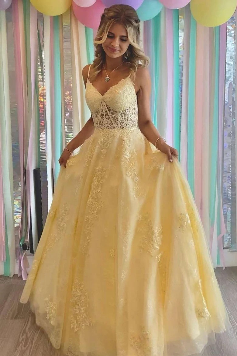 Charming Yellow V-Neck Lace-Up Back Formal Prom Dress