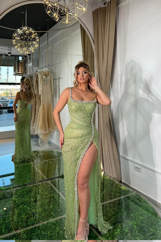 Green Sexy Beads Sleeveless Spaghetti Strap Prom Dress With High Slit