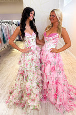 A Line Sweetheart Pink Floral Chiffon Prom Dress with Appliques