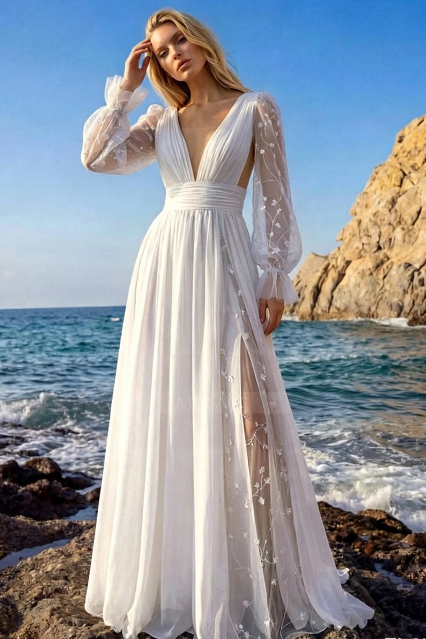 A-Line V-Neck Sheer Lace Sleeves Lace/Tulle Wedding Dresses With Split Front