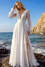 A-Line V-Neck Sheer Lace Sleeves Lace/Tulle Wedding Dresses With Split Front