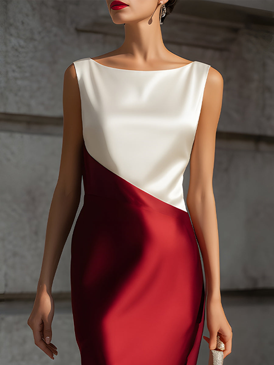 Ivory Burgundy Asymmetric Color-Block Satin Midi Dress