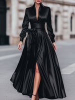 Satin A-Line Evening Gowns Shirt Maxi Dress With Bow Waist