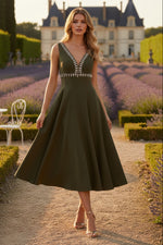 Green Rhinestone Embellished Crepe A Line Midi Dress