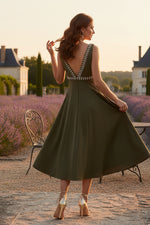 Green Rhinestone Embellished Crepe A Line Midi Dress