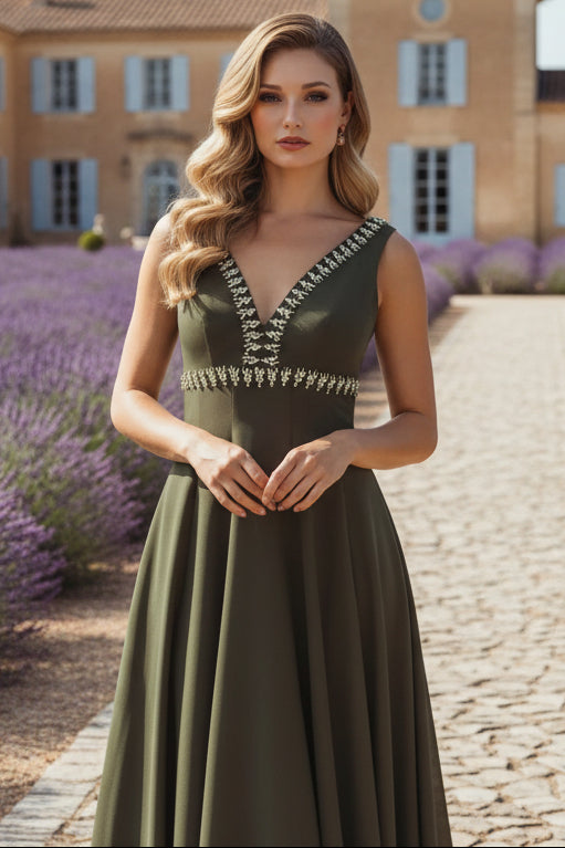 Green Rhinestone Embellished Crepe A Line Midi Dress