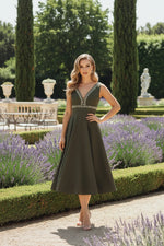 Green Rhinestone Embellished Crepe A Line Midi Dress
