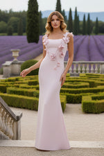 Pink Sleeveless Crepe Column Evening Dress With Floral Detail