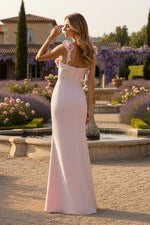 Pink Sleeveless Crepe Column Evening Dress With Floral Detail