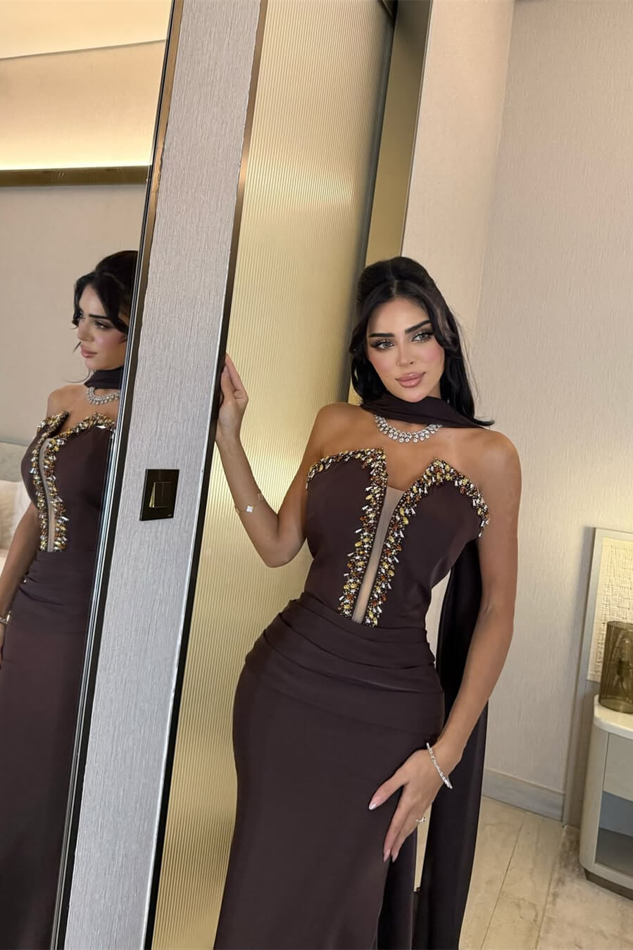 Dark Brown V-Neck Strapless Mermaid Prom Dress Long With Crystals
