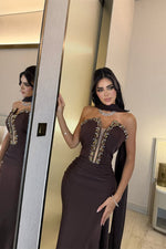 Dark Brown V-Neck Strapless Mermaid Prom Dress Long With Crystals