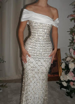 Beaded Sparkle Sequins Off the Shoulder Sleeveless Mermaid Evening Dress