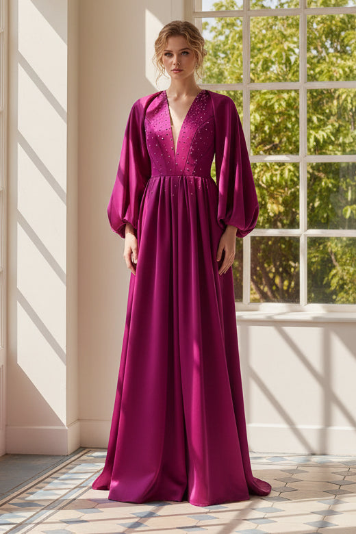 V-Neck Long Sleeve A-Line Floor-Length Evening Dress