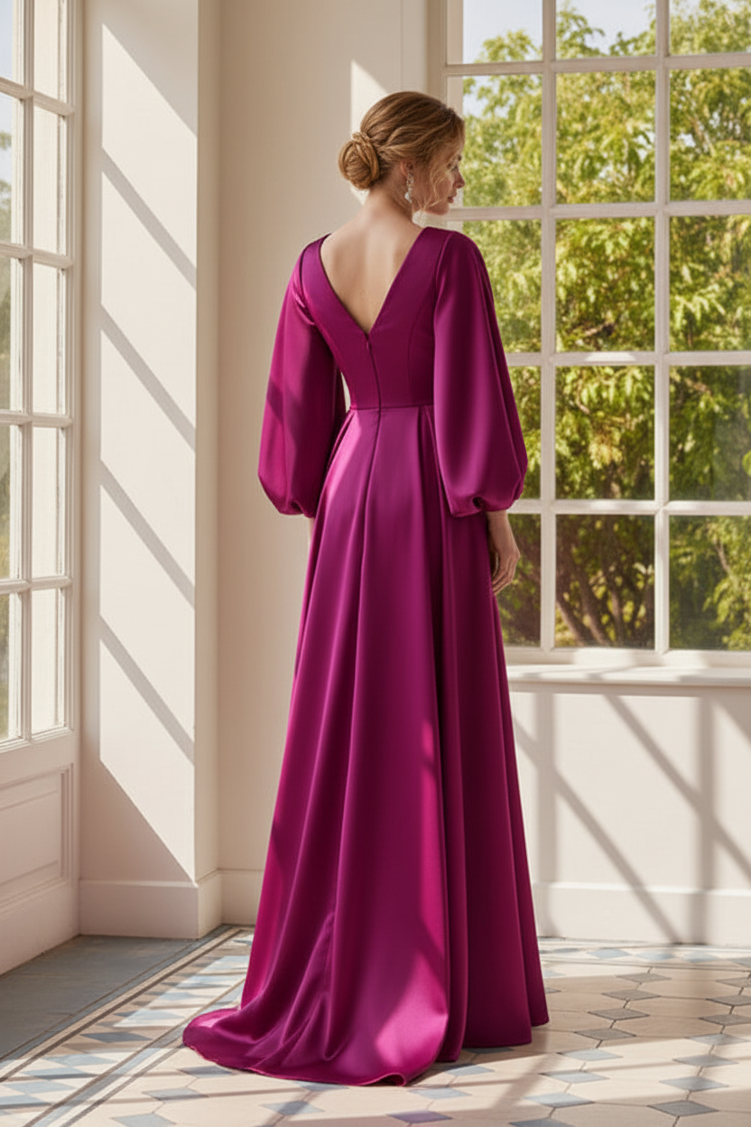 V-Neck Long Sleeve A-Line Floor-Length Evening Dress