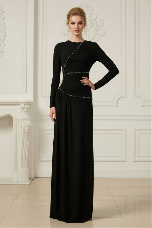 Black Long Sleeveless Beaded Sparkle Cut Out Mermaid Evening Dress