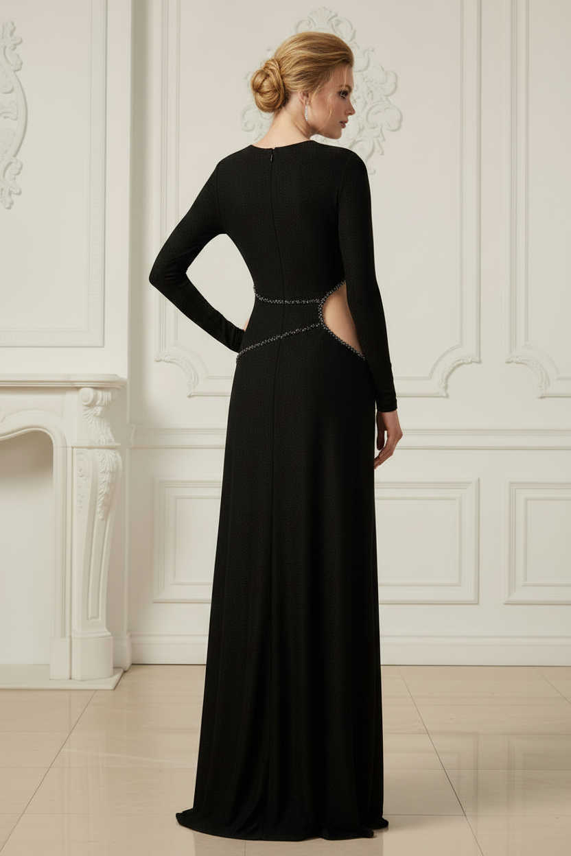 Black Long Sleeveless Beaded Sparkle Cut Out Mermaid Evening Dress