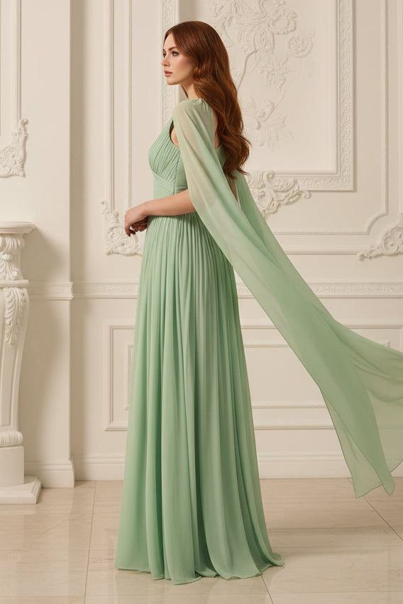 One Shoulder Green Sleevelesss A-Line Floor-Length Evening Dress