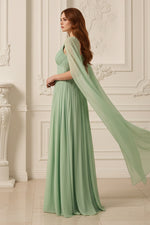 One Shoulder Green Sleevelesss A-Line Floor-Length Evening Dress