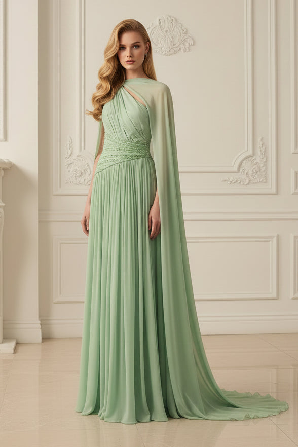 One Shoulder Green Sleevelesss A-Line Floor-Length Evening Dress