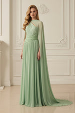 One Shoulder Green Sleevelesss A-Line Floor-Length Evening Dress