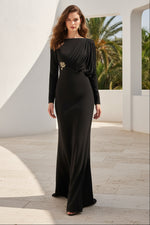 Black One Shoulder Long Sleeve Mermaid Applique Evening Dress