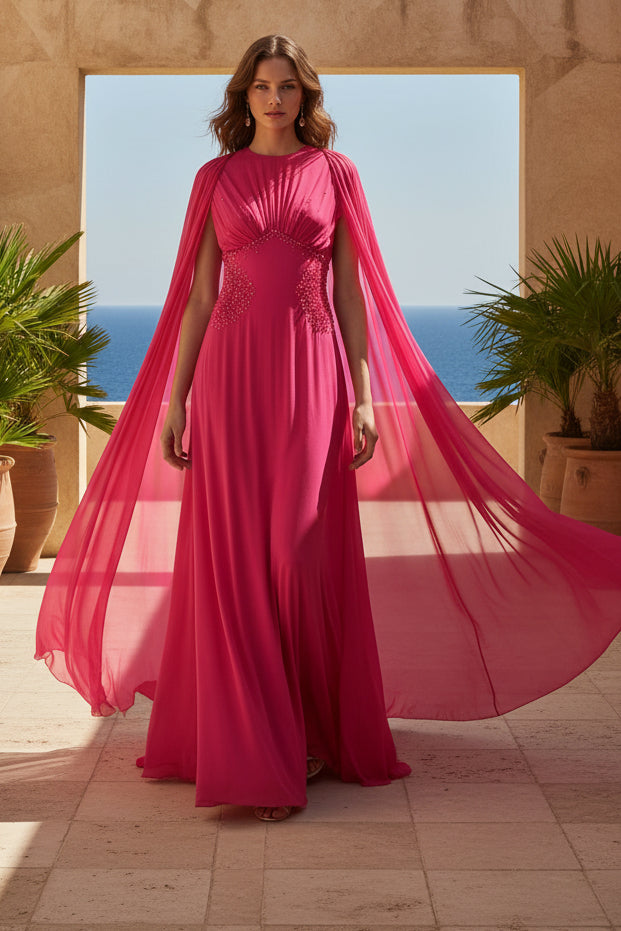 Fuchsia Shawl Sleeveless Mermaid Beaded Evening Dress