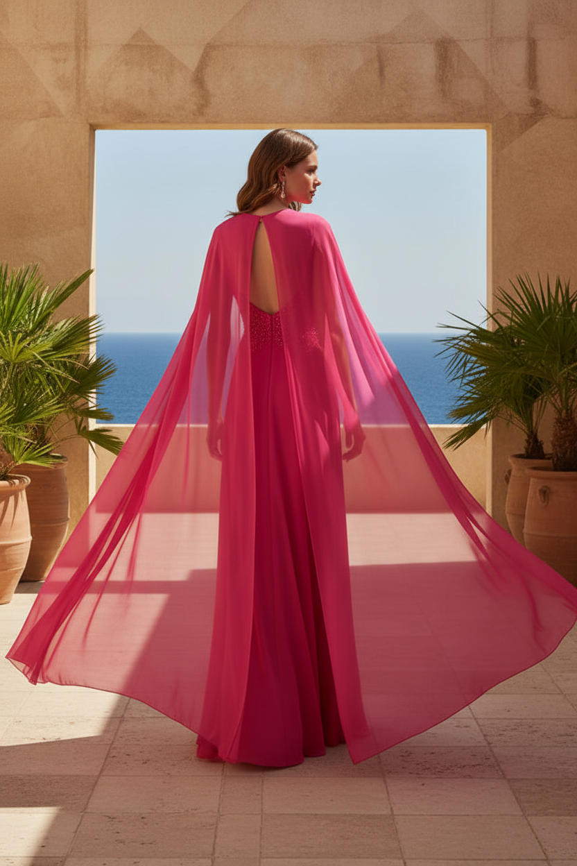 Fuchsia Shawl Sleeveless Mermaid Beaded Evening Dress