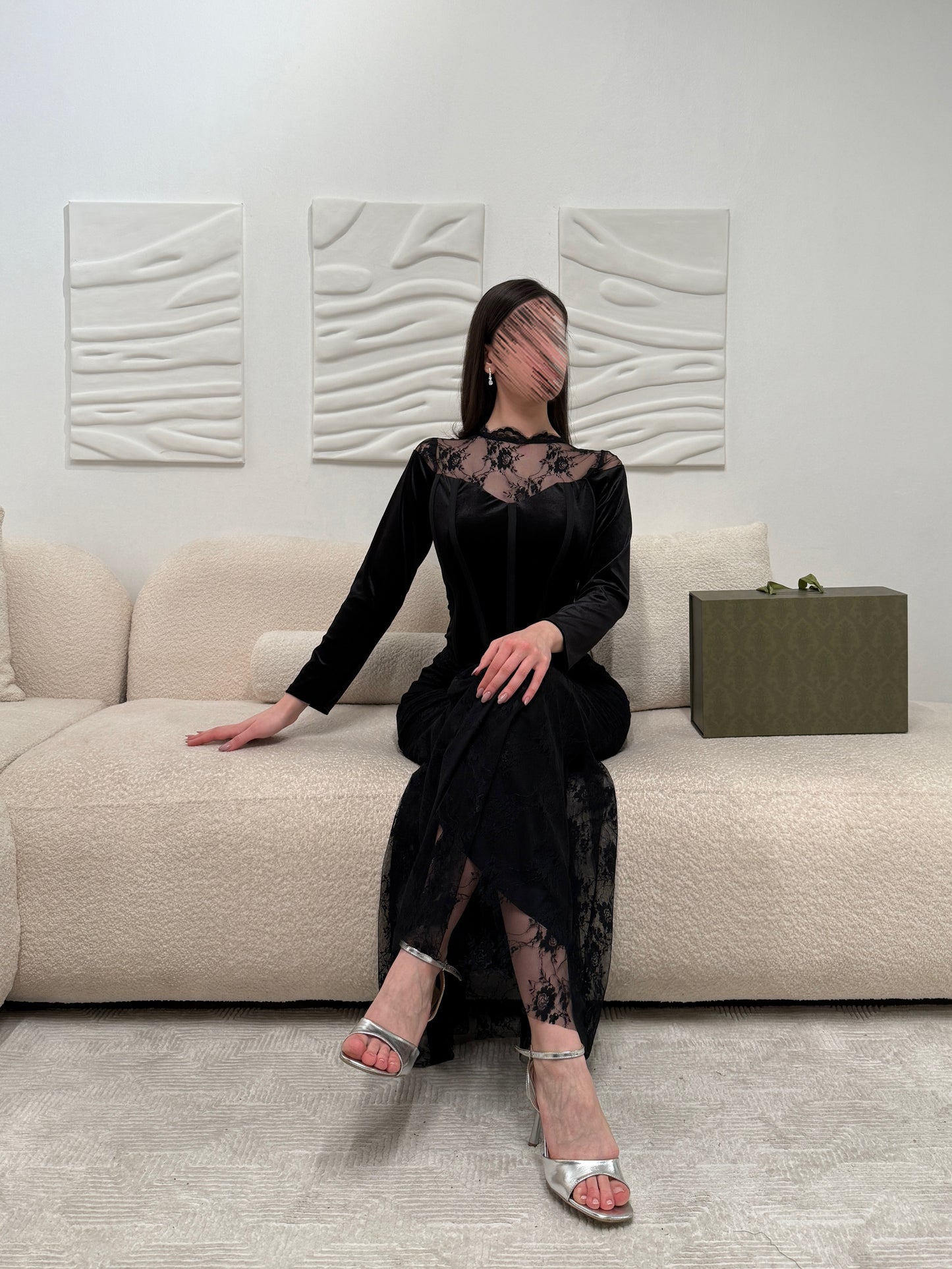 Lace O-Neck Black Long Sleeve Tulle Mermaid Ankle-Length Evening Dress