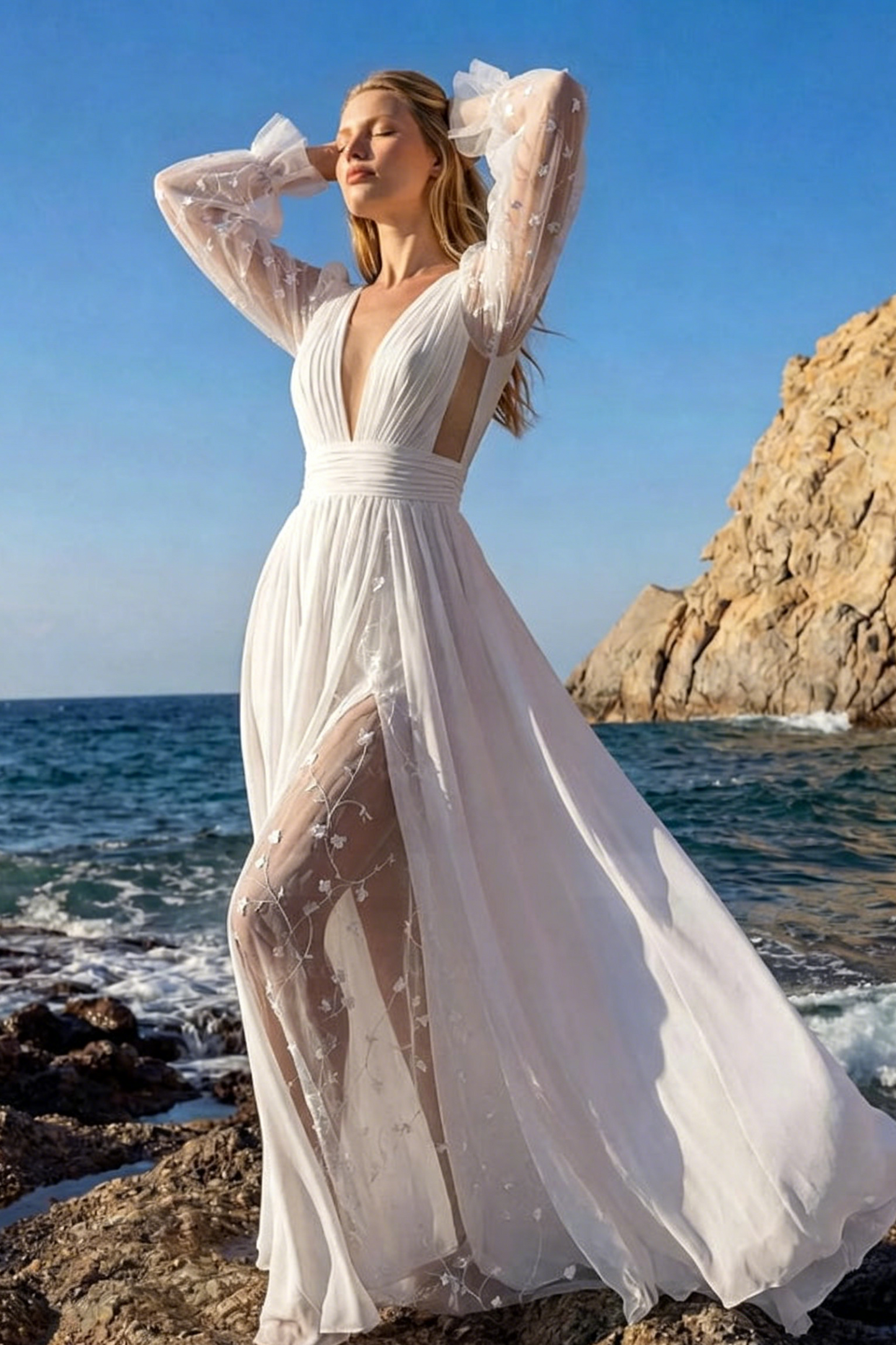 A-Line V-Neck Sheer Lace Sleeves Lace/Tulle Wedding Dresses With Split Front