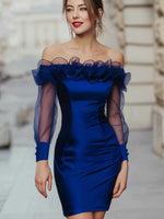 Off-Shoulder Satin Ruffle Evening Dress With Sheer Sleeves