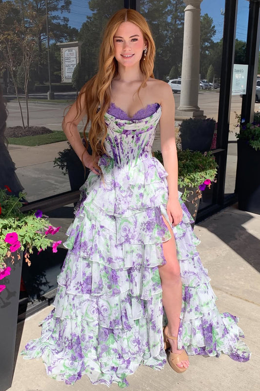 Cute A Line Sweetheart Lavender Floral Chiffon Tiered Prom Dress with Slit