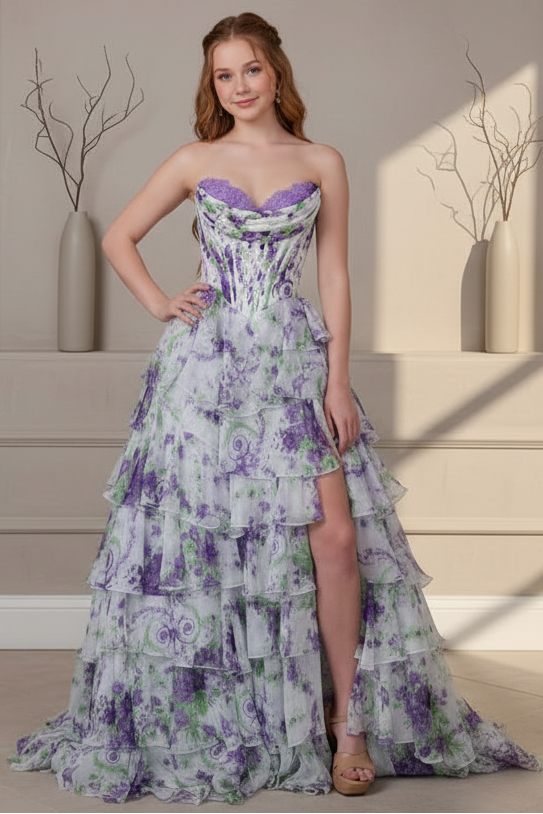 Cute A Line Sweetheart Lavender Floral Chiffon Tiered Prom Dress with Slit