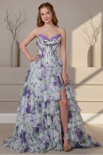 Cute A Line Sweetheart Lavender Floral Chiffon Tiered Prom Dress with Slit