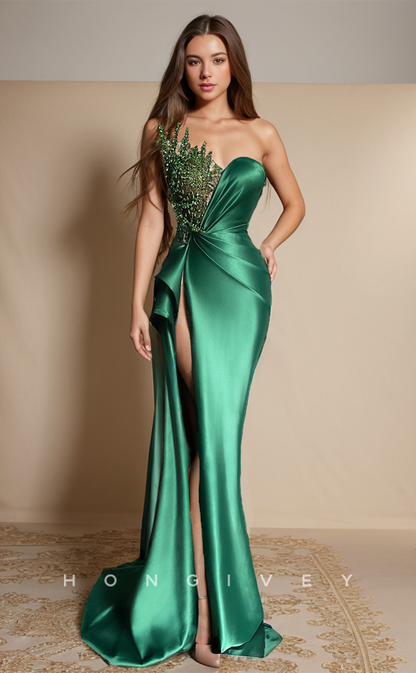 L1044 - Sense Of Design Crystal Beaded With Train And Slit Party Formal Evening Prom Dress