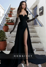 Sexy Illusion Asymmetrical Lace Sleeves With Train and High Slit Party Prom Formal Evening Dress