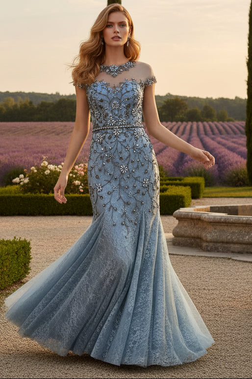 Blue Embellished Lace Evening Gown with Illusion Neckline