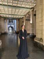 Simple V-Neck Long Sleeve Button A-Line Evening Dress