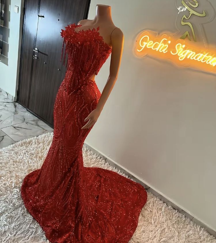 Sparkle Mermaid Sweetheart Red Sequin With Beads Long Prom Dresses Formal Gown