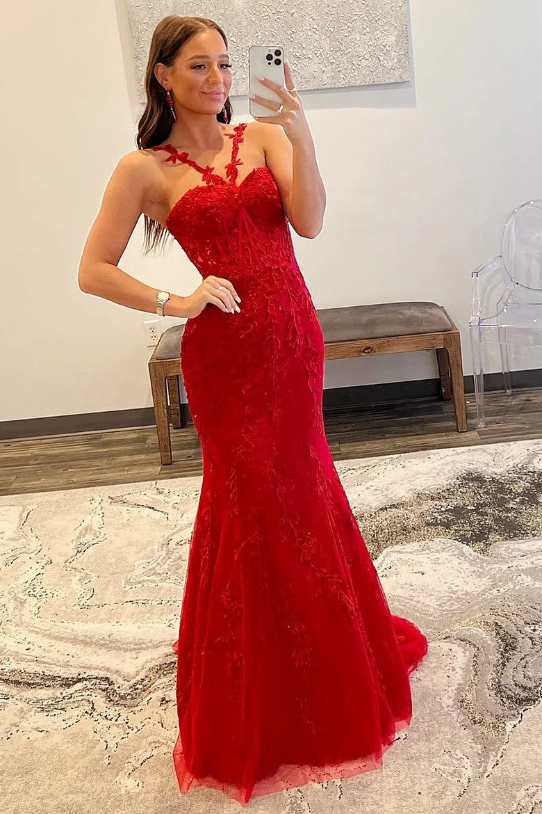 Red Halter Mermaid Prom Dress with Floral Appliqué Straps